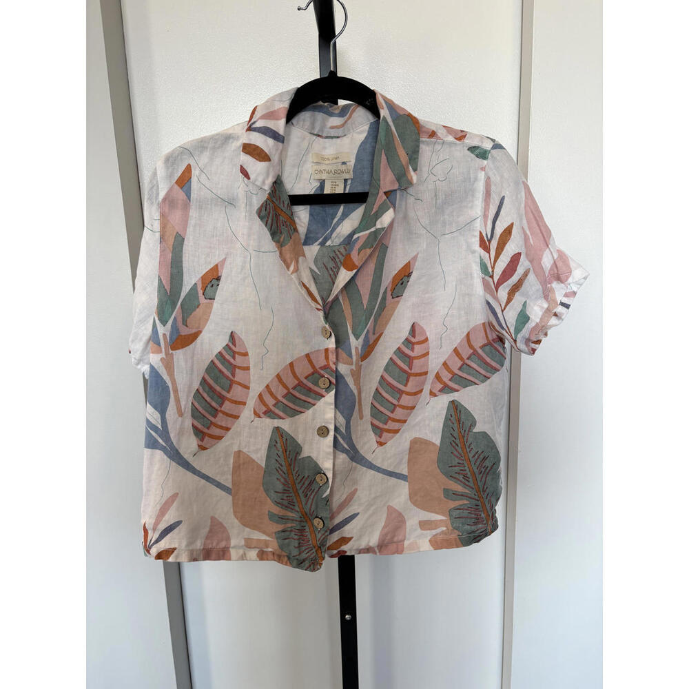 Cynthia Rowley Linen Palm Hawaiian Shirt M